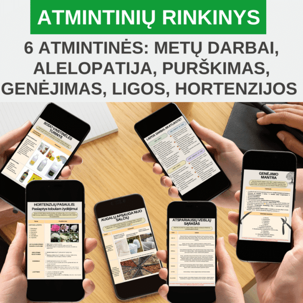 Šešių atmintinių rinkinys "Metų darbai, alelopatija, purškimas, genėjimas, ligos, hortenzijos"